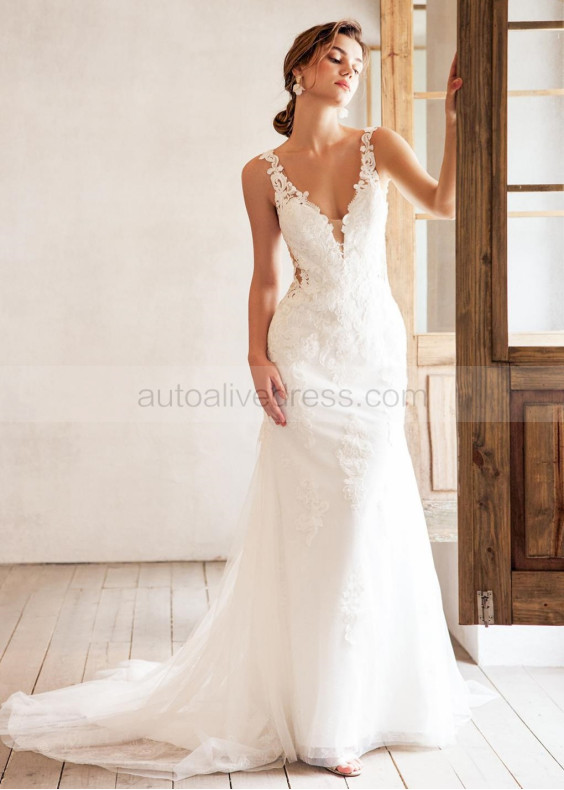 V Neck White Lace Tulle Exquisite Wedding Dress